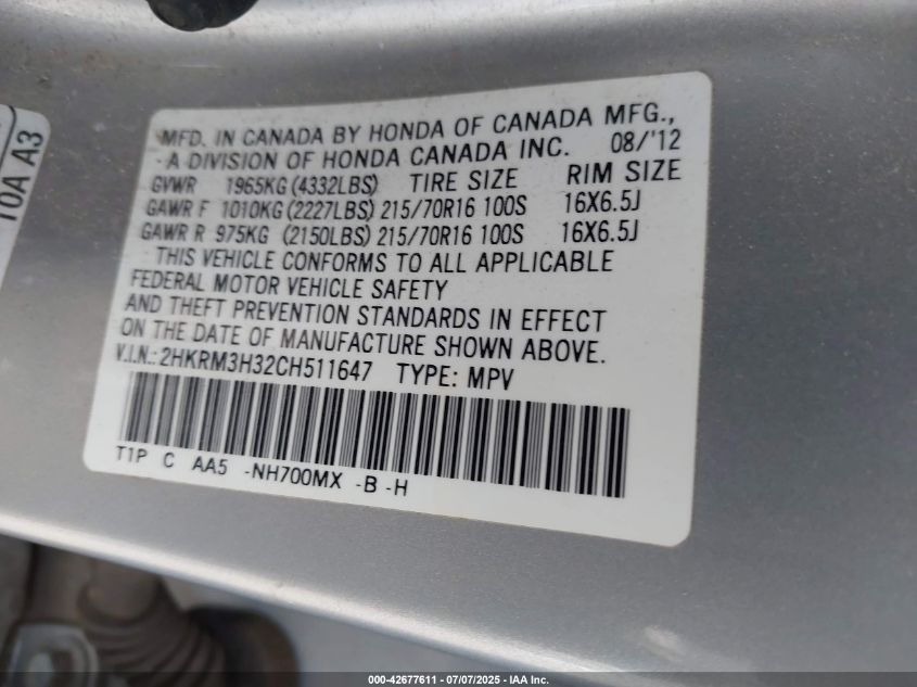 2012 Honda Cr-V Lx VIN: 2HKRM3H32CH511647 Lot: 42677611