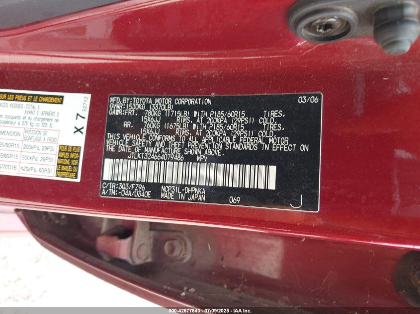 2006 Scion Xb VIN: JTLKT324664079486 Lot: 42677643