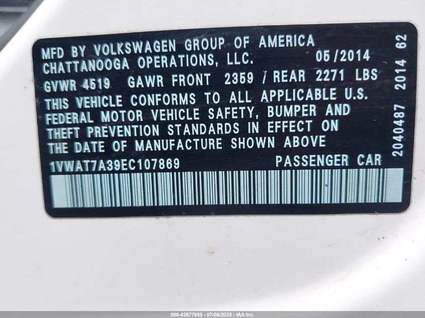 2014 Volkswagen Passat 1.8T Wolfsburg Edition VIN: 1VWAT7A39EC107869 Lot: 42677655