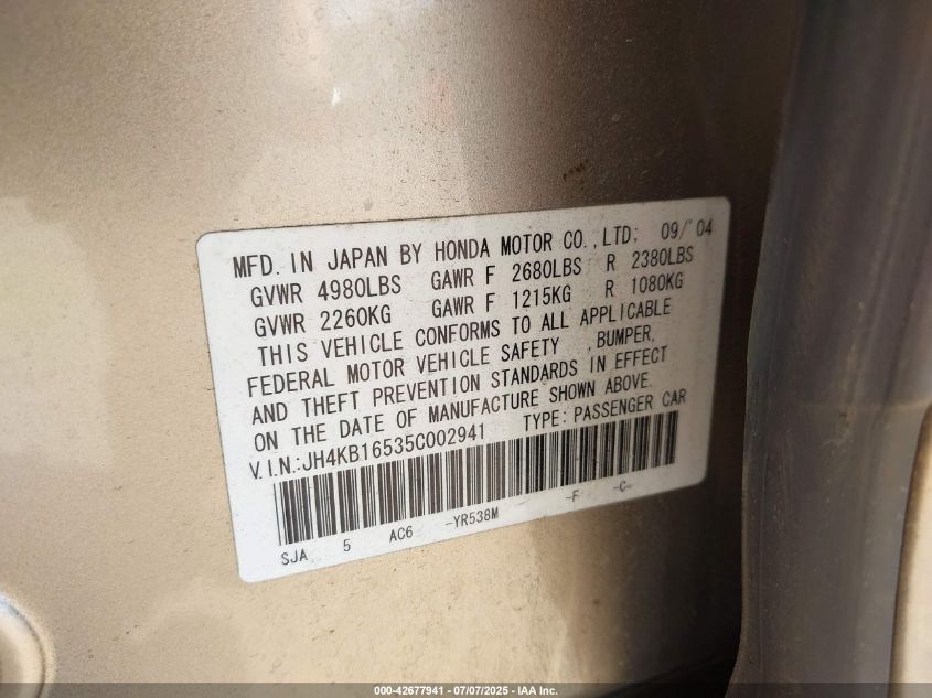 2005 Acura Rl 3.5 VIN: JH4KB16535C002941 Lot: 42705052