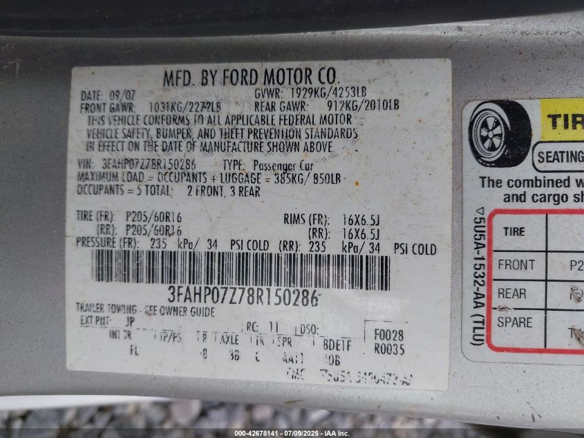 2008 Ford Fusion Se VIN: 3FAHP07Z78R150286 Lot: 42678141