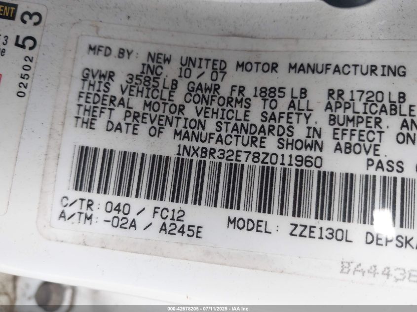 2008 Toyota Corolla S VIN: 1NXBR32E78Z011960 Lot: 42678205