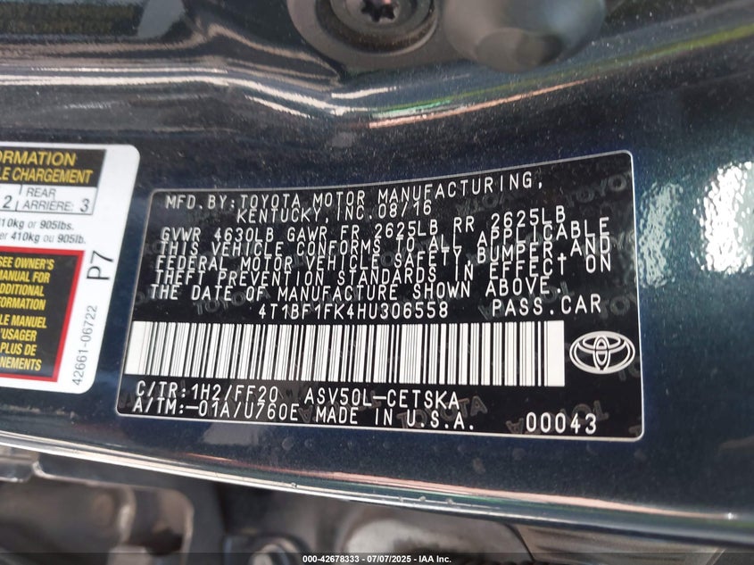 2017 TOYOTA CAMRY SE - 4T1BF1FK4HU306558