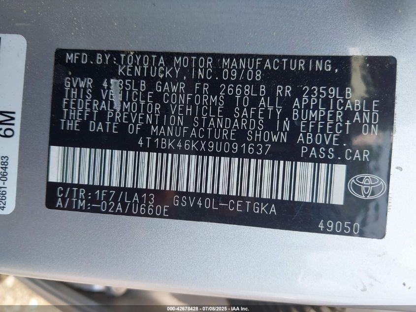2009 Toyota Camry Xle V6 VIN: 4T1BK46KX9U091637 Lot: 42678428