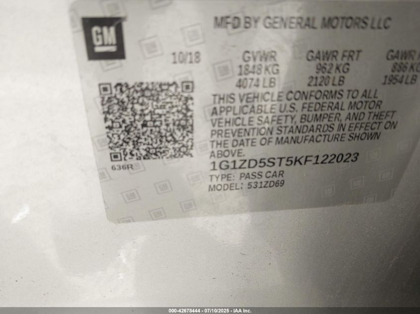 2019 CHEVROLET MALIBU LT - 1G1ZD5ST5KF122023