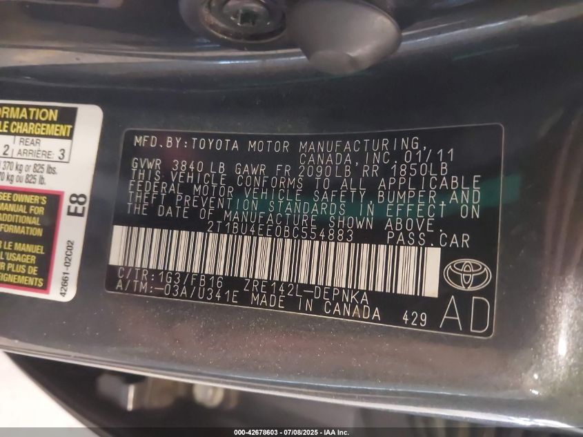 2011 Toyota Corolla Le VIN: 2T1BU4EE0BC554883 Lot: 42678603