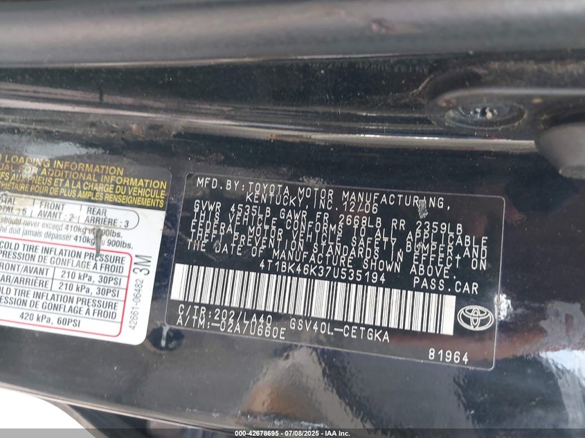 2007 Toyota Camry Xle V6 VIN: 4T1BK46K37U535194 Lot: 42678695