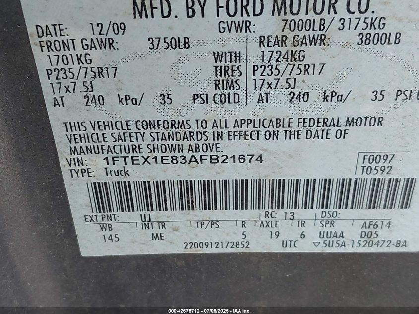 2010 Ford F-150 Stx/Xl/Xlt VIN: 1FTEX1E83AFB21674 Lot: 42678712