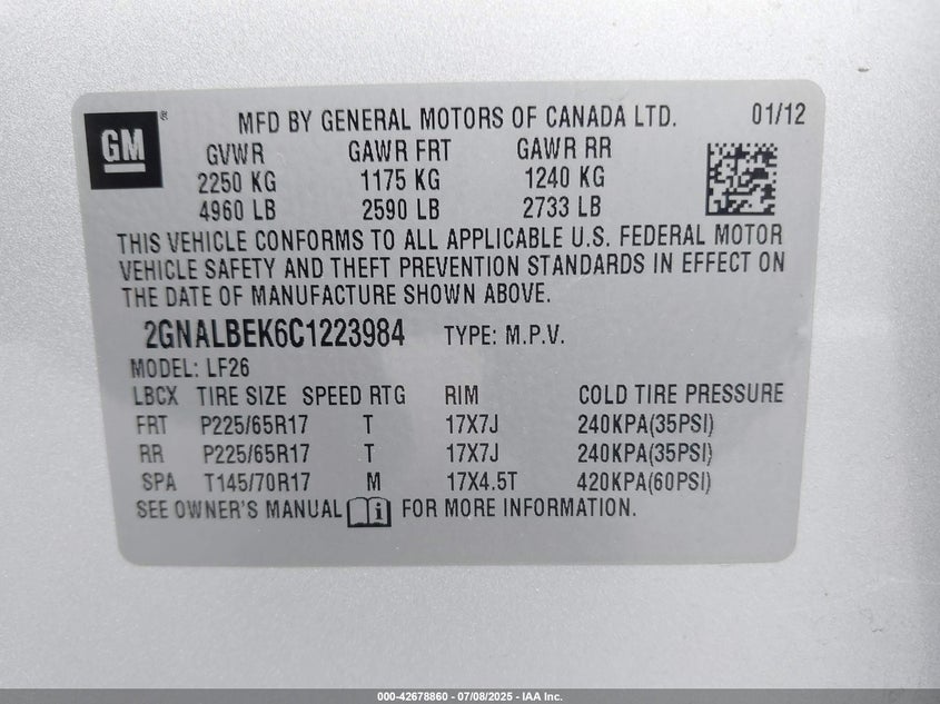 2012 CHEVROLET EQUINOX VIN: 2GNALBEK6C1223984