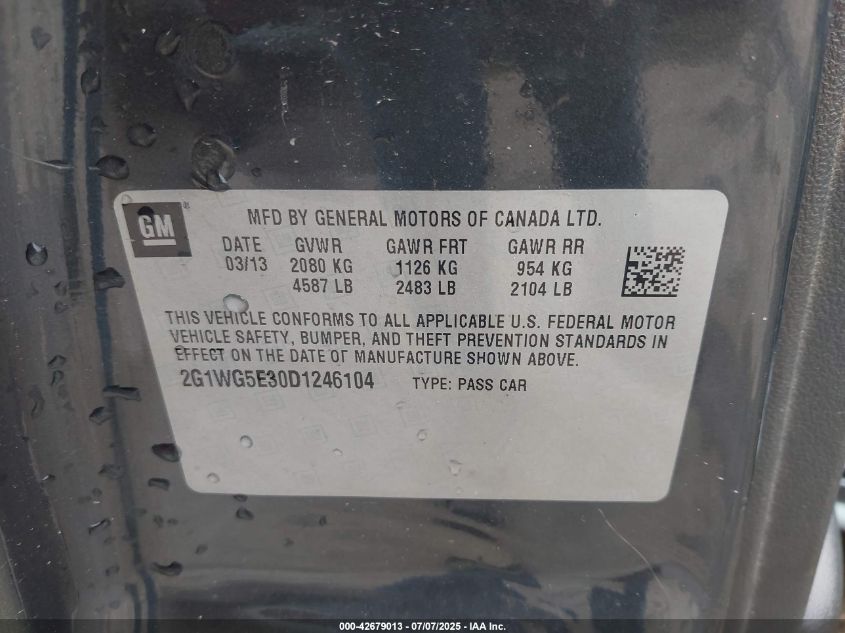 2013 Chevrolet Impala Lt VIN: 2G1WG5E30D1246104 Lot: 42679013