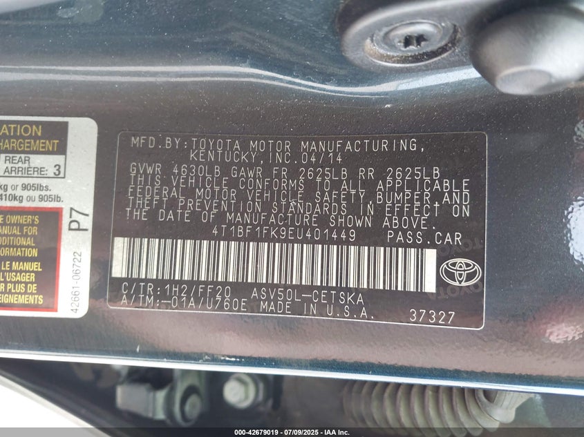 2014 Toyota Camry Se VIN: 4T1BF1FK9EU401449 Lot: 42679019