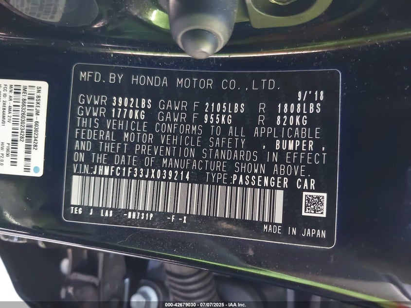 2018 HONDA CIVIC EX-T - JHMFC1F33JX039214