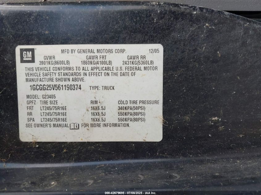 2006 Chevrolet Express Work Van VIN: 1GCGG25V561190374 Lot: 42679695