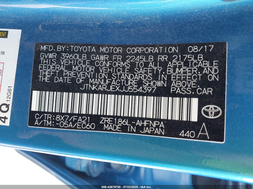 2018 Toyota Corolla Im VIN: JTNKARJEXJJ554397 Lot: 42679759