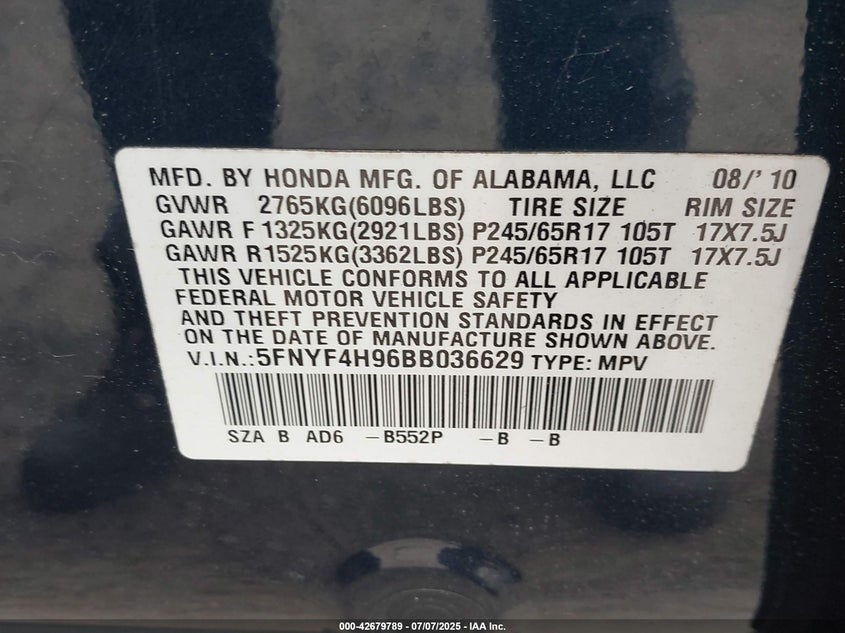 2011 HONDA PILOT VIN: 5FNYF4H96BB036629