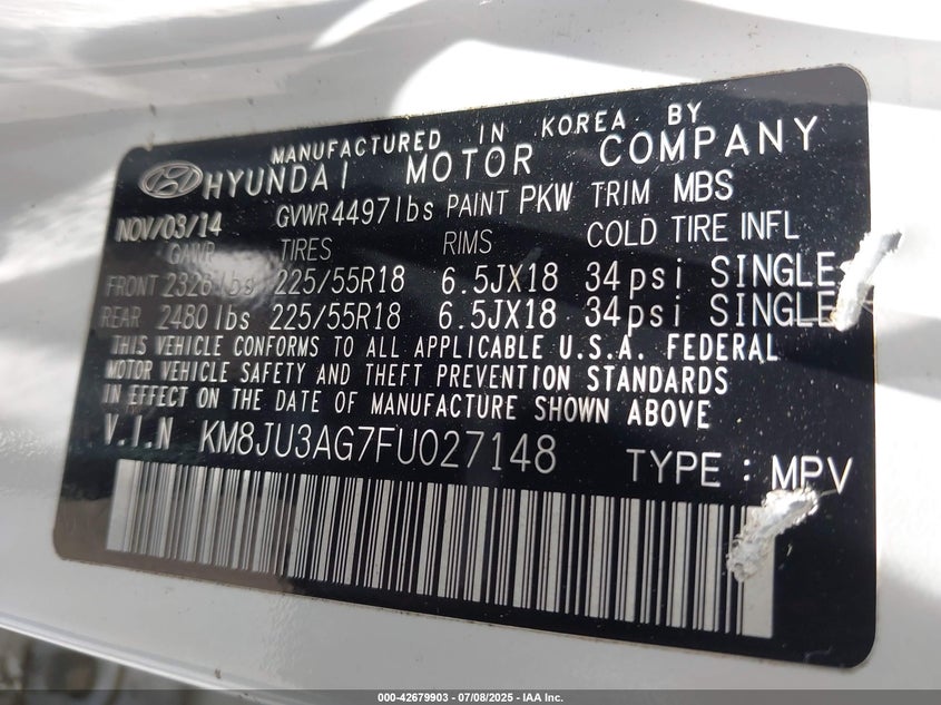 2015 HYUNDAI TUCSON VIN: KM8JU3AG7FU027148