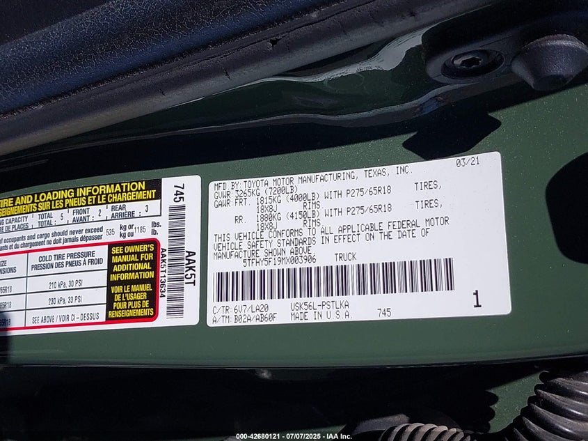 2021 TOYOTA TUNDRA LIMITED - 5TFHY5F19MX003906