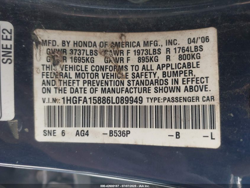 2006 Honda Civic Ex VIN: 1HGFA15886L089949 Lot: 42680187