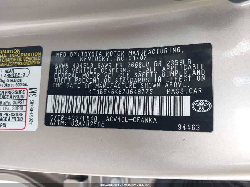 2007 Toyota Camry Ce/Le/Xle/Se VIN: 4T1BE46K87U648775 Lot: 42680381