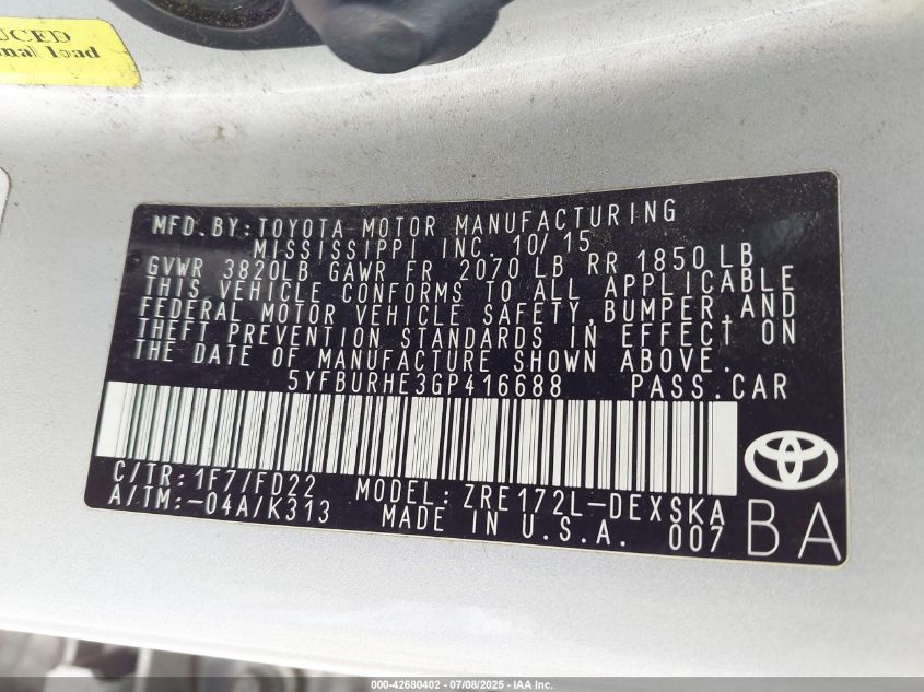 2016 Toyota Corolla S Plus VIN: 5YFBURHE3GP416688 Lot: 42680402