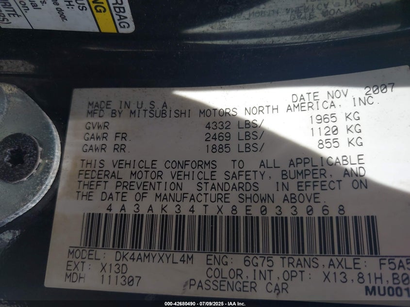 2008 MITSUBISHI ECLIPSE VIN: 4A3AK34TX8E033068
