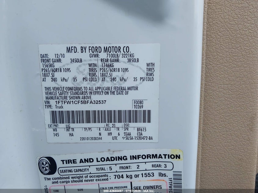 2011 Ford F-150 Lariat VIN: 1FTFW1CF5BFA32537 Lot: 42680497