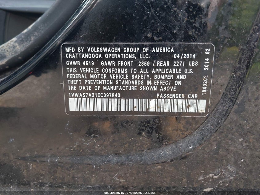 2014 VOLKSWAGEN PASSAT VIN: 1VWAS7A31EC097843
