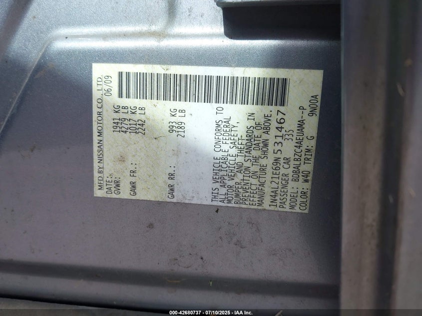 2009 NISSAN ALTIMA VIN: 1N4AL21E69N531467