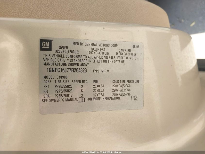 2007 Chevrolet Suburban 1500 Ltz VIN: 1GNFC16J77R264823 Lot: 42680813