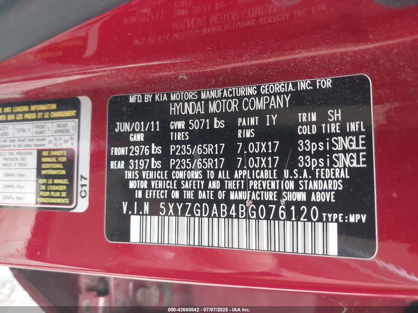 2011 HYUNDAI SANTA FE VIN: 5XYZGDAB4BG076120
