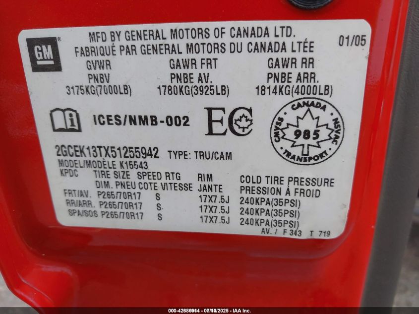 2005 Chevrolet Silverado 1500 Ls/Z71/Lt VIN: 2GCEK13TX51255942 Lot: 42680914