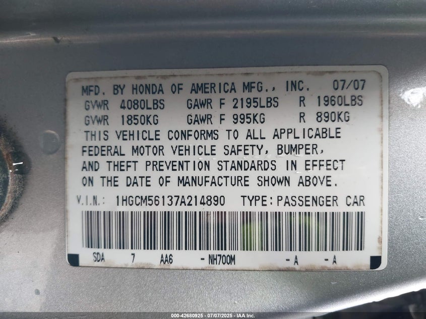 2007 HONDA ACCORD VIN: 1HGCM56137A214890