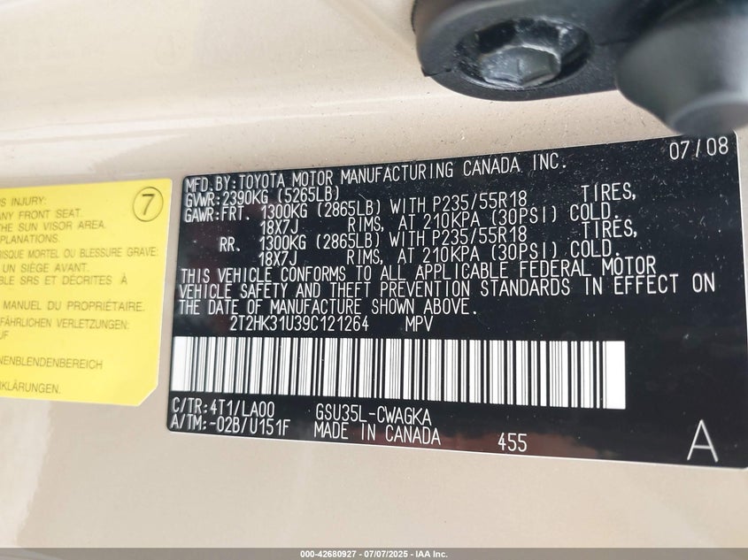 2009 LEXUS RX 350 VIN: 2T2HK31U39C121264