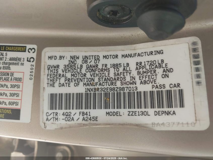 2008 Toyota Corolla Le VIN: 1NXBR32E98Z987013 Lot: 42680930