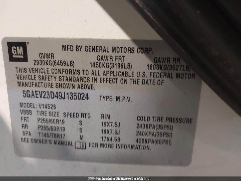 2009 Buick Enclave Cxl VIN: 5GAEV23D49J135024 Lot: 42681038