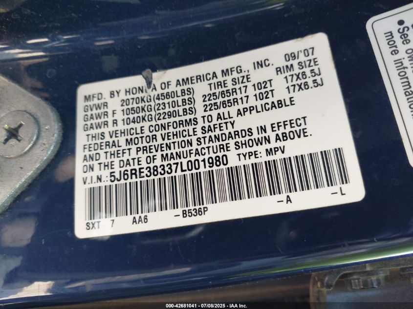 2007 Honda Cr-V Lx VIN: 5J6RE38337L001980 Lot: 42681041