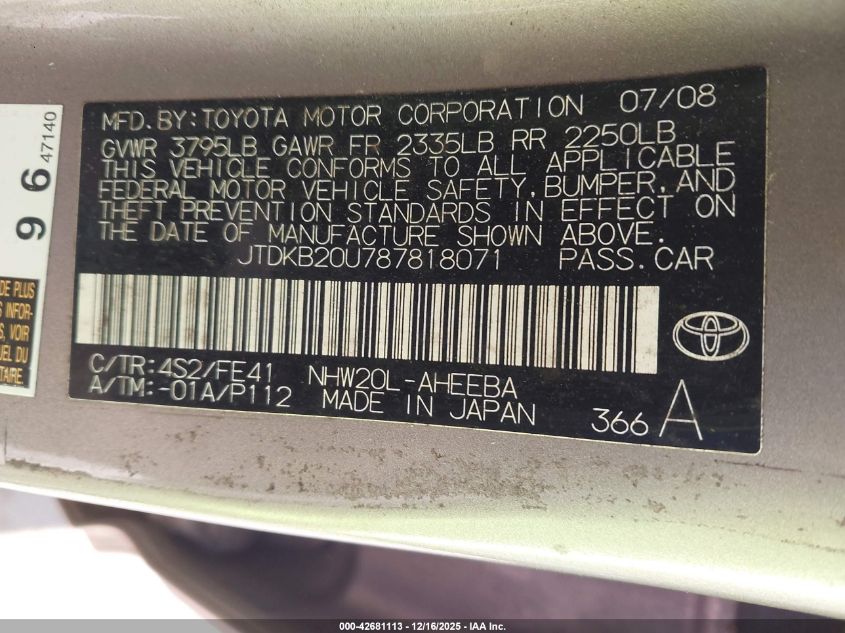 2008 Toyota Prius Touring VIN: JTDKB20U787818071 Lot: 42681113