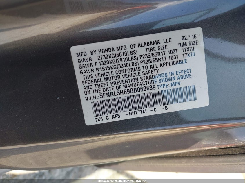 2016 Honda Odyssey Ex-L VIN: 5FNRL5H69GB069639 Lot: 42681289