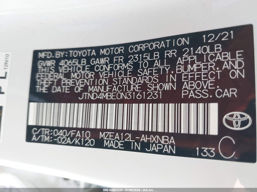 2022 TOYOTA COROLLA SE - JTND4MBE0N3161231