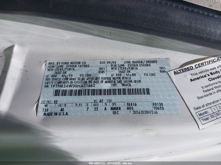 2005 Ford E-250 Commercial/Recreational VIN: 1FTNE24W35HA21662 Lot: 42681721