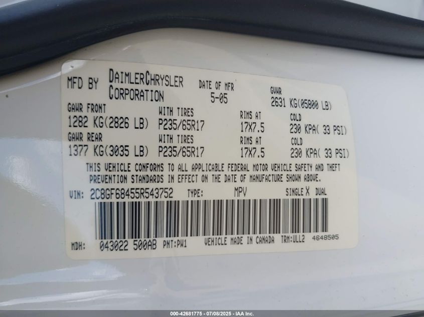 2005 Chrysler Pacifica Touring VIN: 2C8GF68455R543752 Lot: 42681775