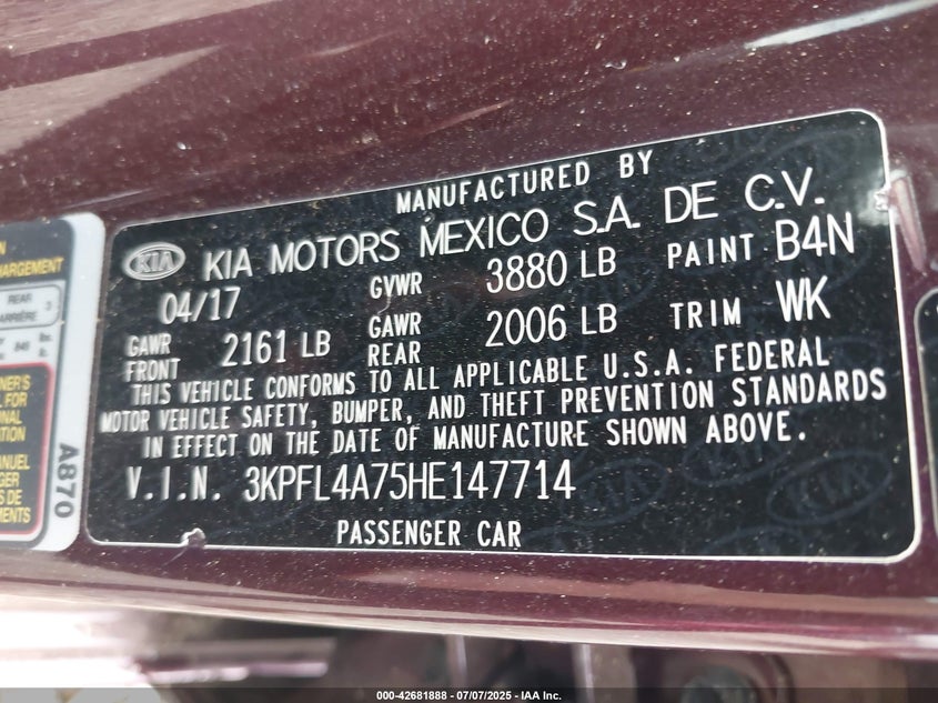 2017 KIA FORTE VIN: 3KPFL4A75HE147714