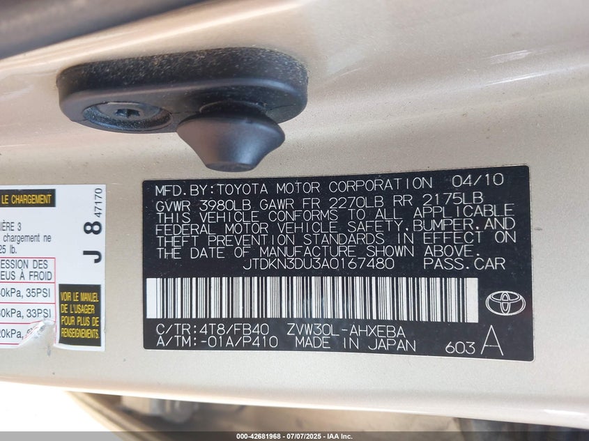 2010 TOYOTA PRIUS VIN: JTDKN3DU3A0167480