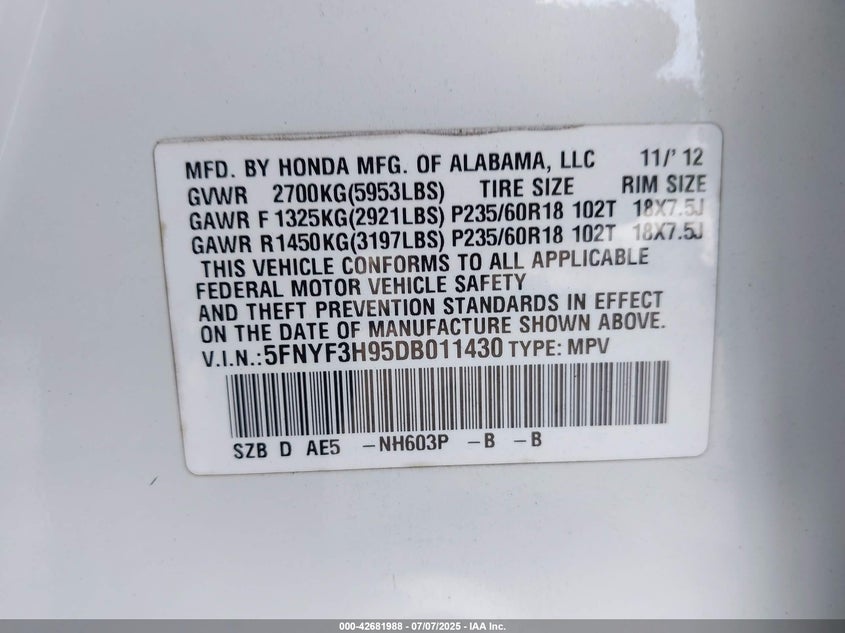 2013 HONDA PILOT TOURING - 5FNYF3H95DB011430