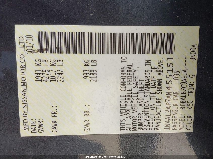 2010 Nissan Altima 2.5 S VIN: 1N4AL2AP7AN455151 Lot: 42682179