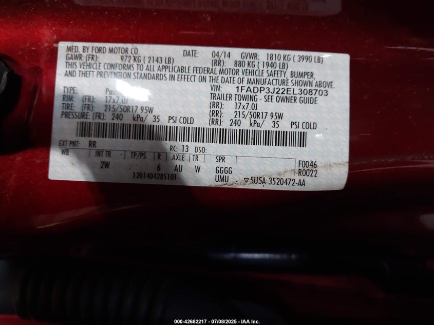 2014 FORD FOCUS VIN: 1FADP3J22EL308703