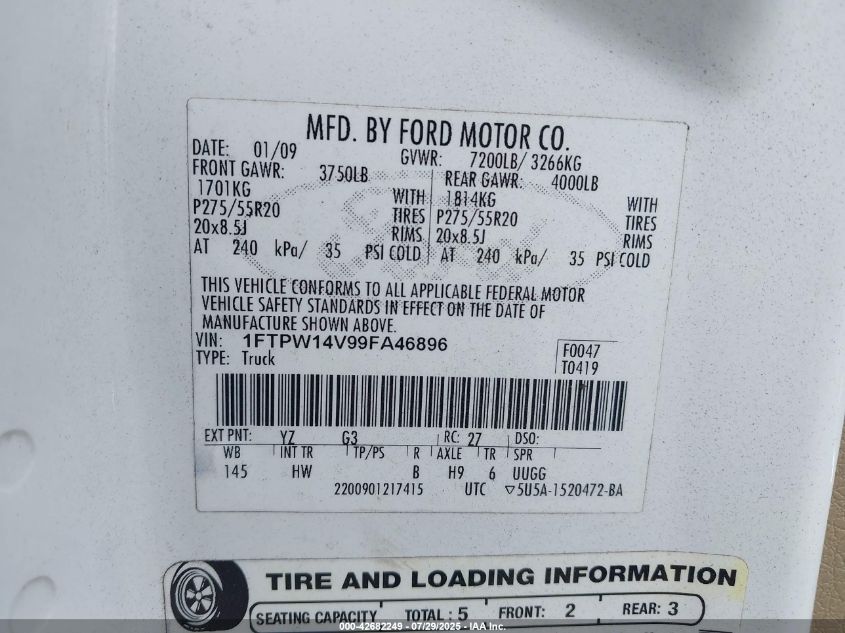 2009 Ford F-150 Fx4/King Ranch/Lariat/Platinum/Xl/Xlt VIN: 1FTPW14V99FA46896 Lot: 42682249