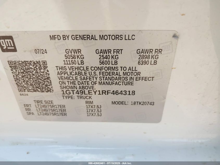 2024 GMC Sierra 2500Hd 4Wd Standard Bed Pro VIN: 1GT49LEY1RF464318 Lot: 42682481