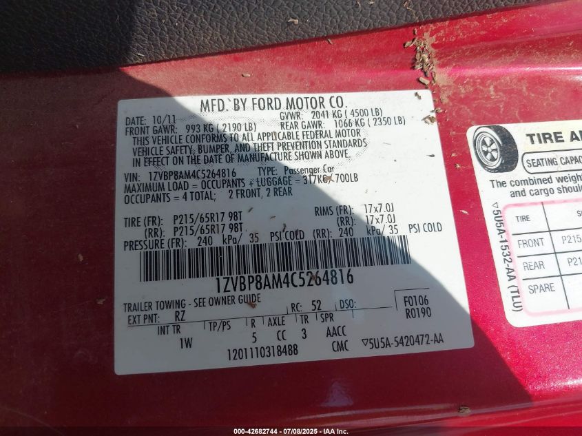 2012 Ford Mustang VIN: 1ZVBP8AM4C5264816 Lot: 42682744