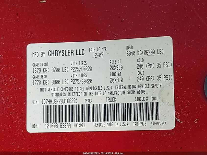 2008 Dodge Ram 1500 Slt VIN: 1D7HA18N78J168221 Lot: 42682782